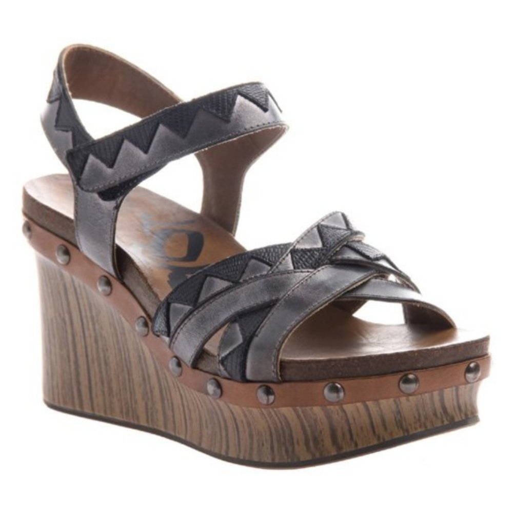 OTBT Black Eccentric Leather Platform Wedge Sandal 7.5